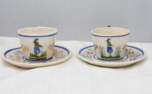 19c. Hand Painted France Henriot Quimper MAN Faience Flat Cup & Saucer Set